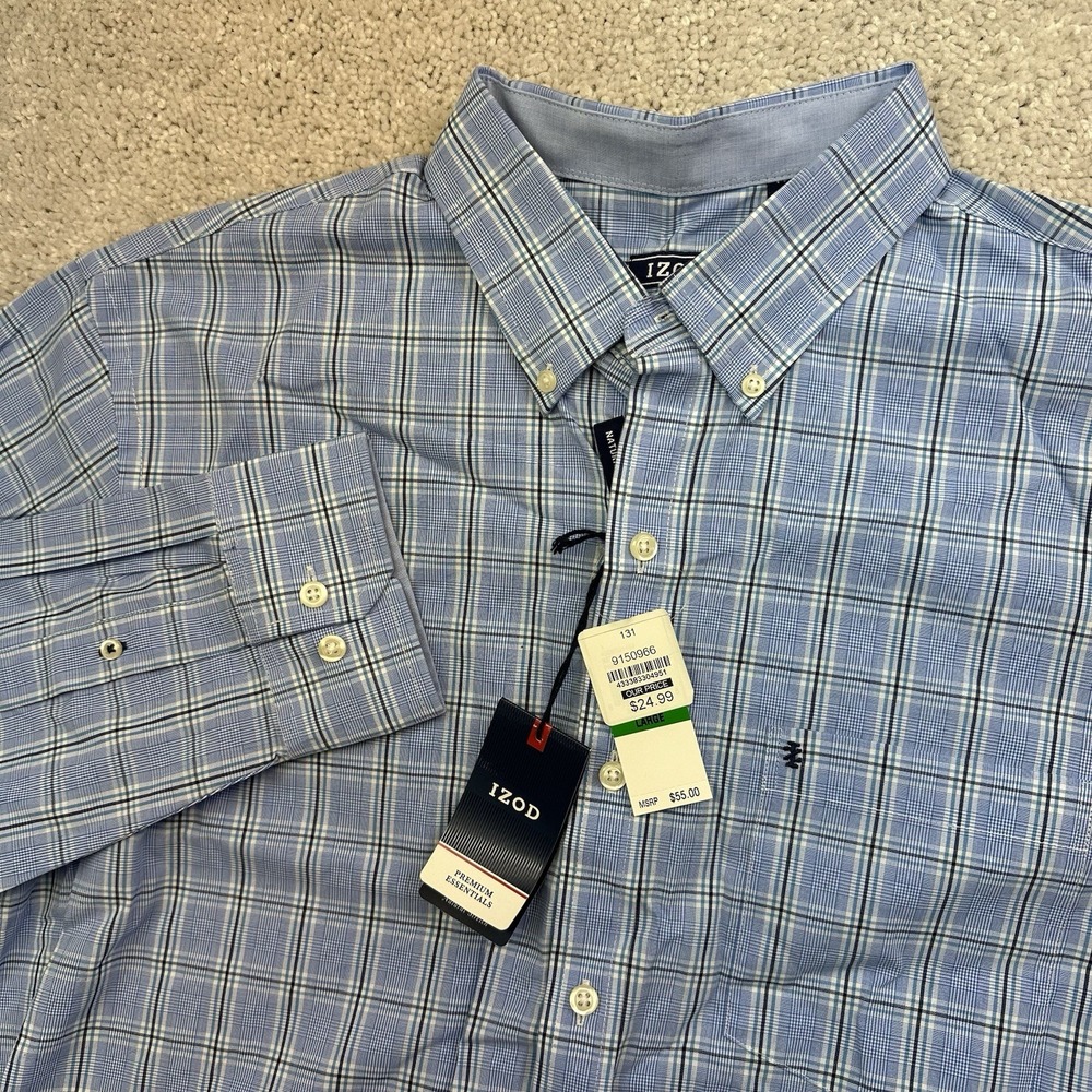 Izod Shirt Mens Large White Blue Orange Plaid Premium Essentials Natural Stretch